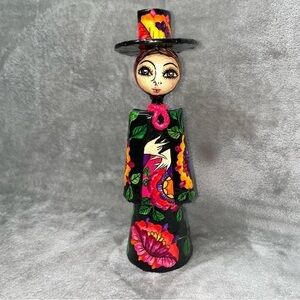 Vintage Abelardo Ruiz Mexican Folk Art Papier Mache Candle Holder Top Hat Lady